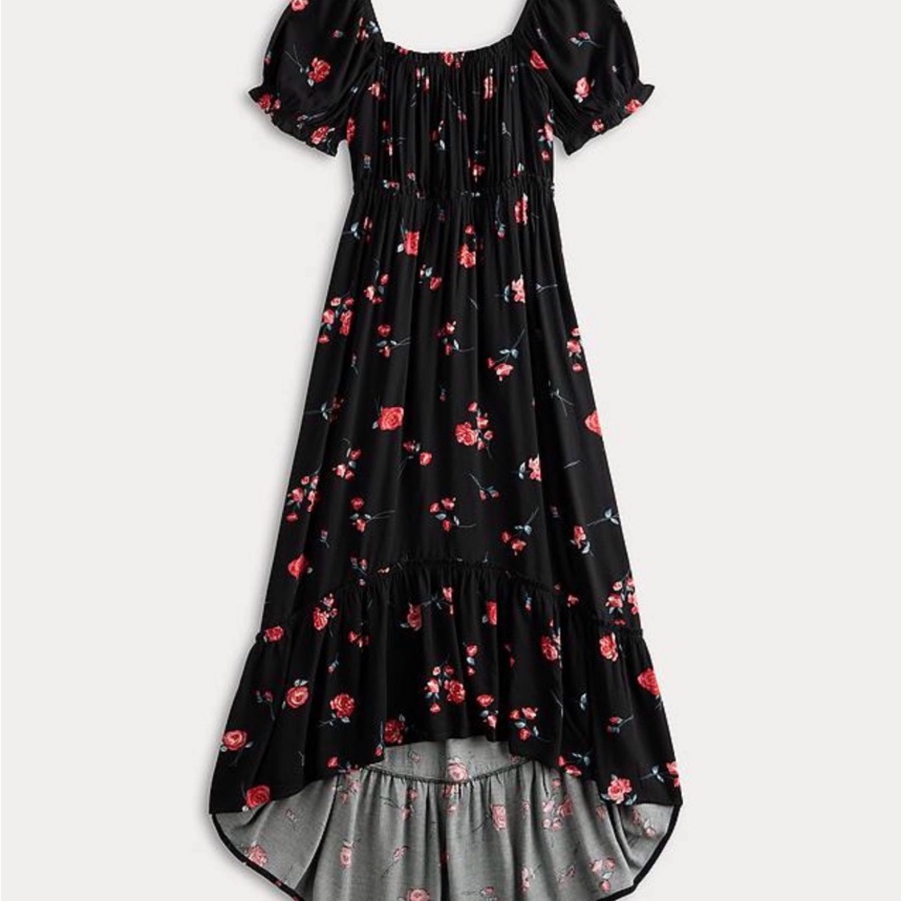 ⁠Rewind Black Rose Floral High Low Maxi Dress S Whimsigoth Cottagecore Puff